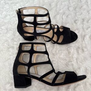 Jimmy Choo Ren 35 Black Suede Cutout Sandals Gladiator Shoes Low Block Heel